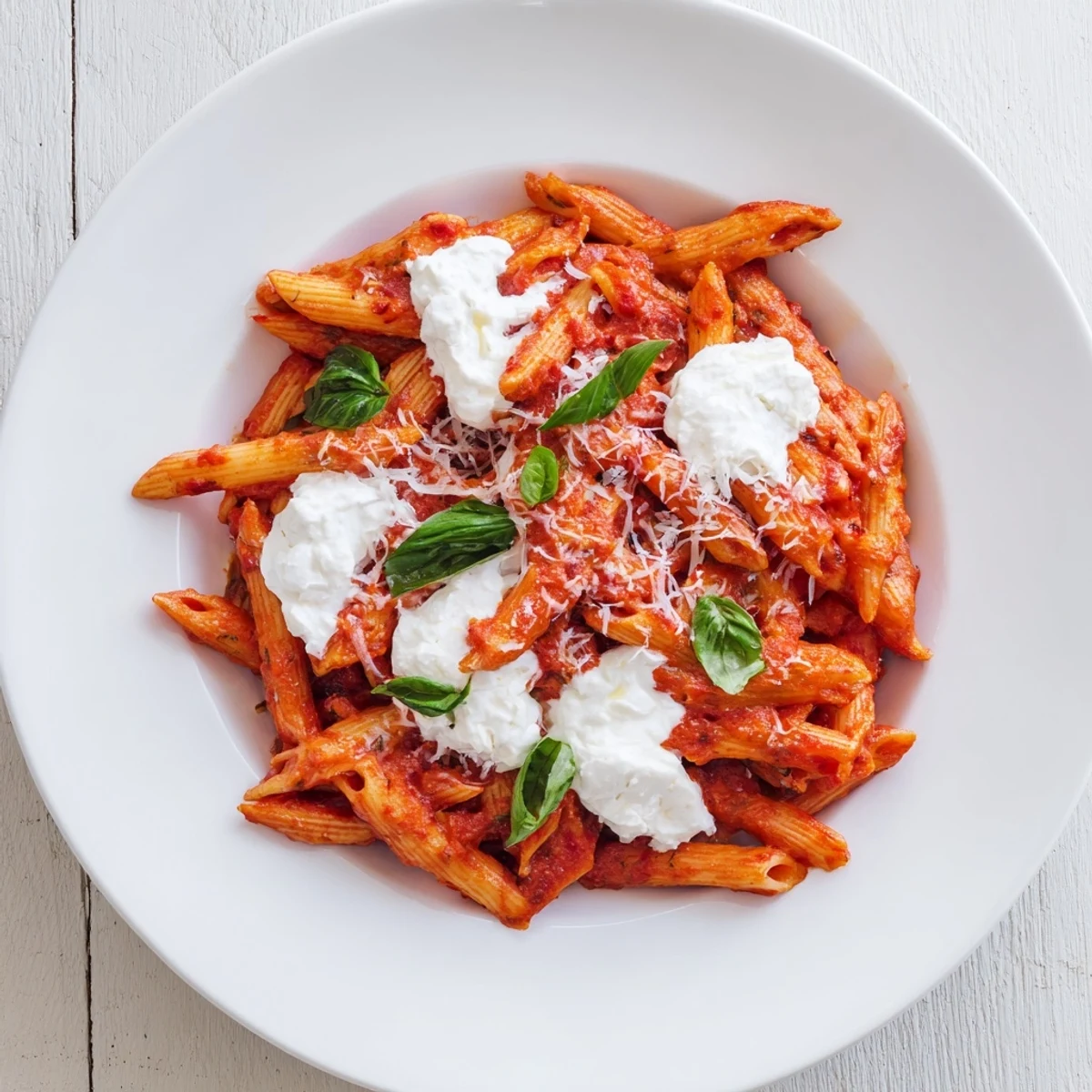 Creamy Tomato Garlic Ricotta Penne topped with fresh basil leaves and grated Parmesan cheese