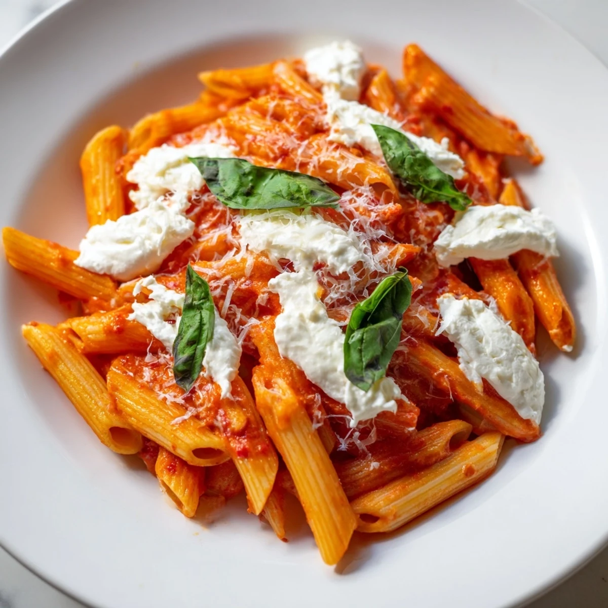 Tomato Garlic Ricotta Penne in vibrant red sauce with pillowy ricotta swirls and green basil