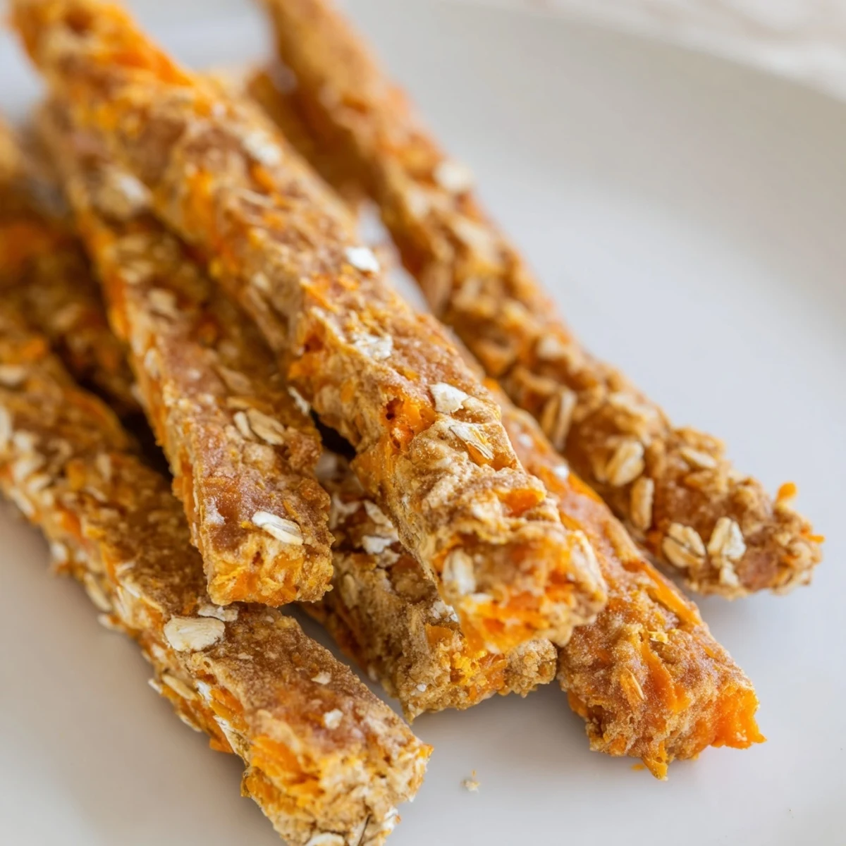 Golden brown apple and carrot dog chew sticks arranged on parchment paper for homemade treats.