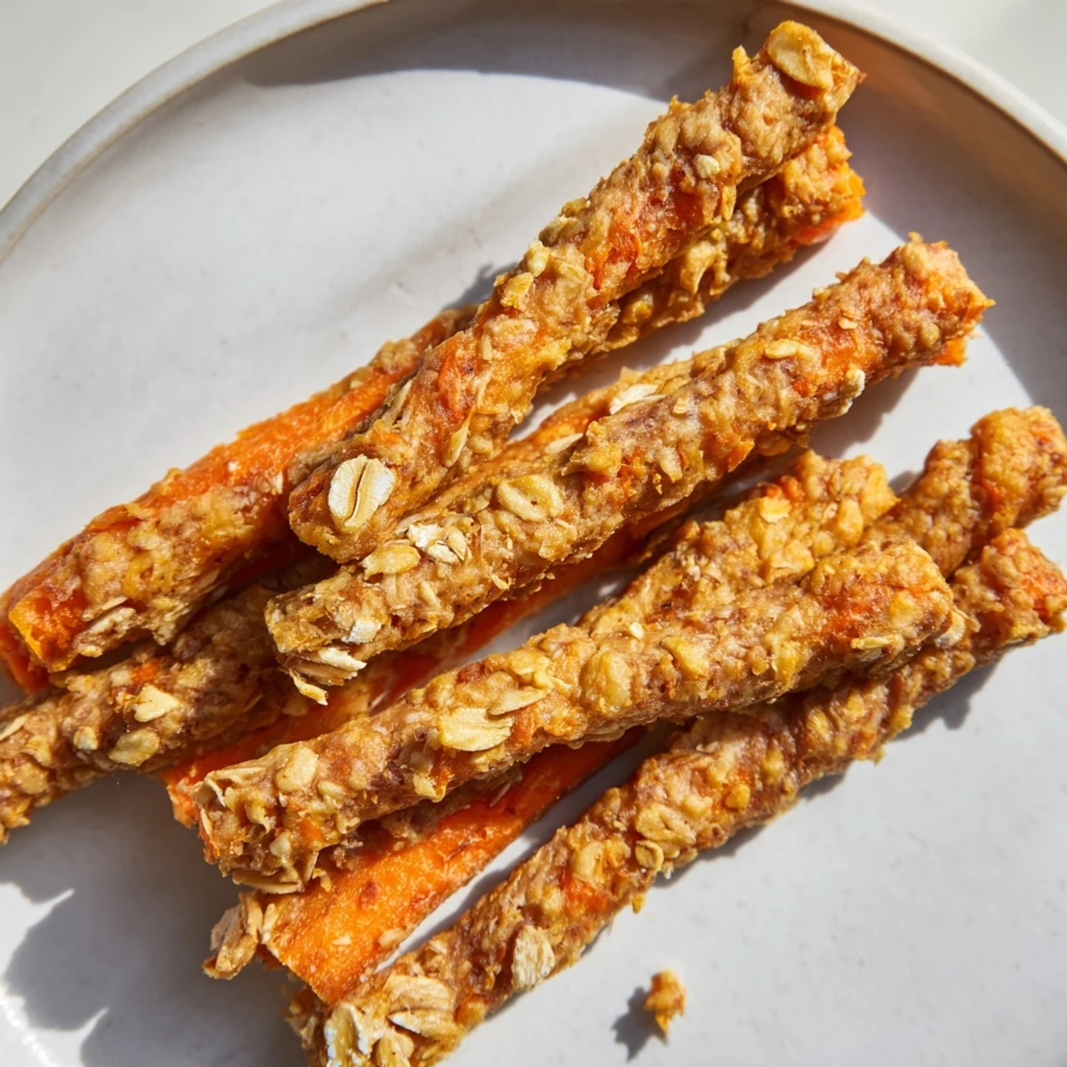 Crunchy homemade dog treats made with grated apples and carrots shaped into chewy sticks.