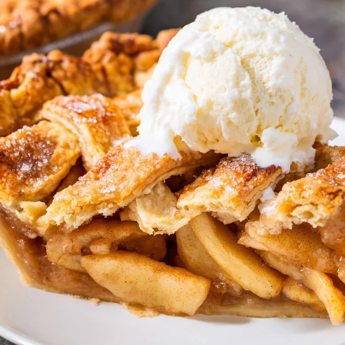 Golden homemade apple pie with cinnamon spiced filling oozing from a flaky crust