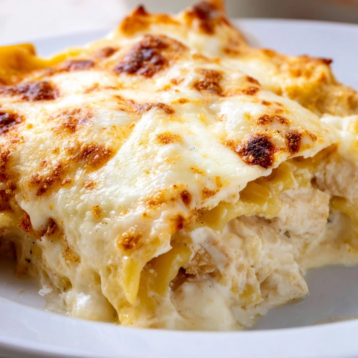 Creamy chicken Alfredo baked ravioli served in a white dish with parsley garnish