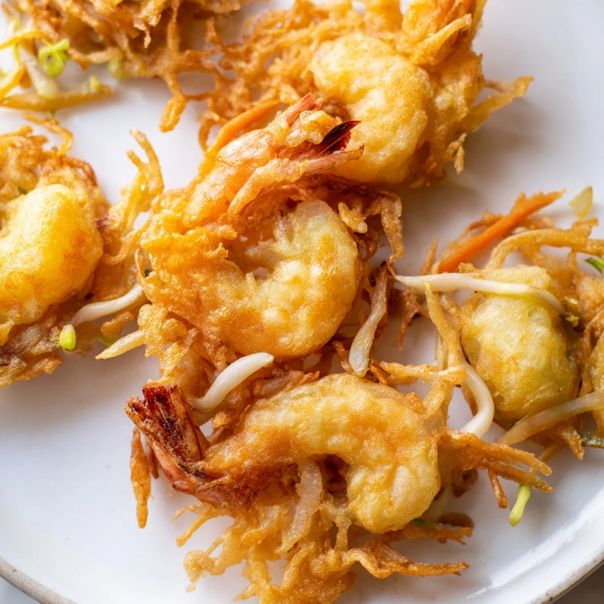 Crispy golden Ukoy Filipino shrimp fritters piled on a white plate