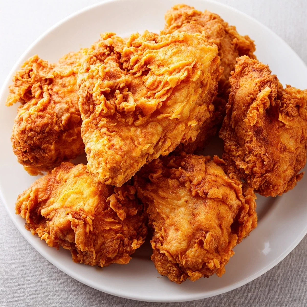 Crispy golden fried chicken pieces stacked on a wire rack with steam rising