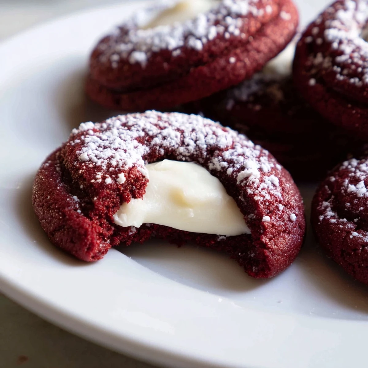 Red velvet thumbprint cookies with creamy cheesecake filling on a rustic white platter
