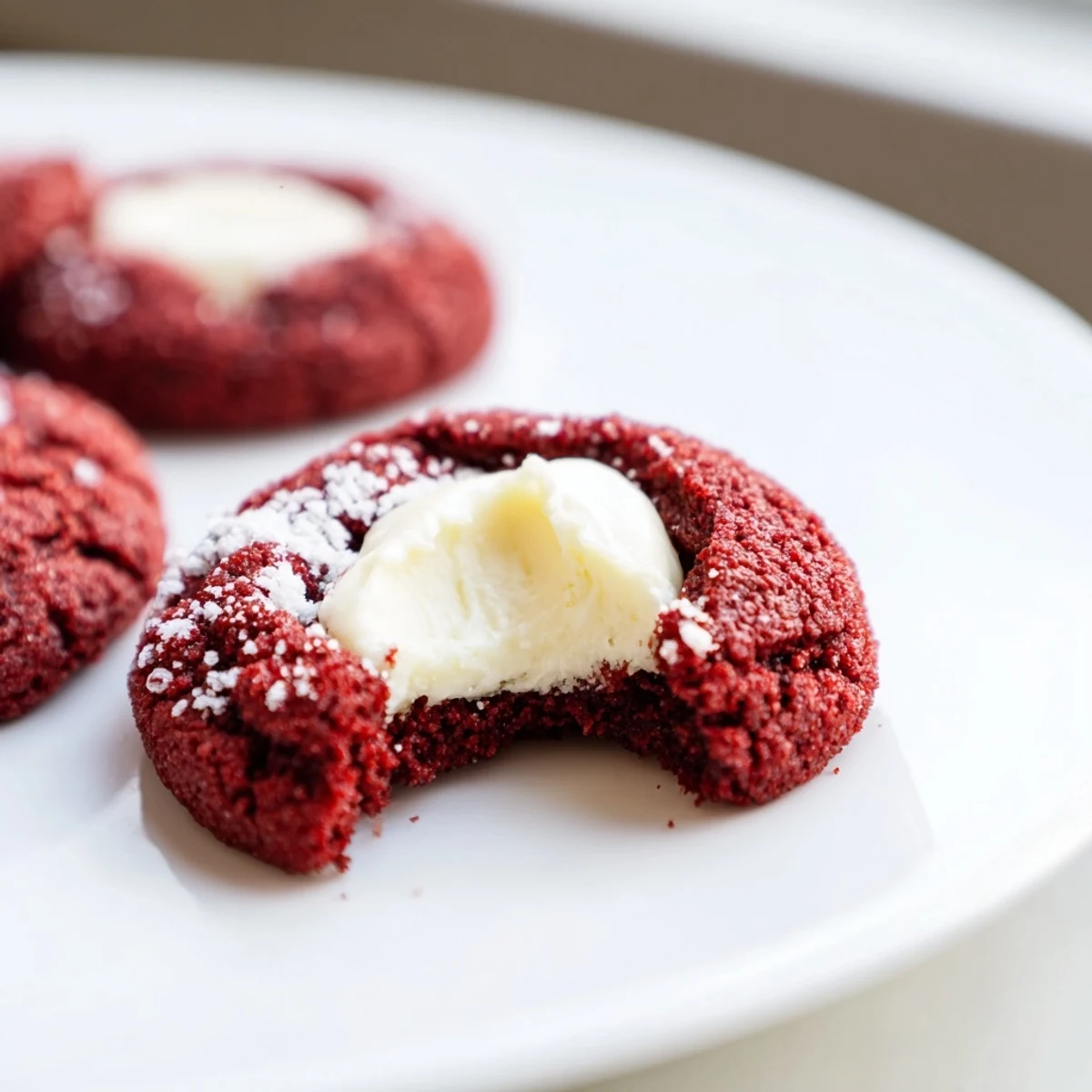 Bright red velvet thumbprint cookies fresh from the oven with tender cocoa centers