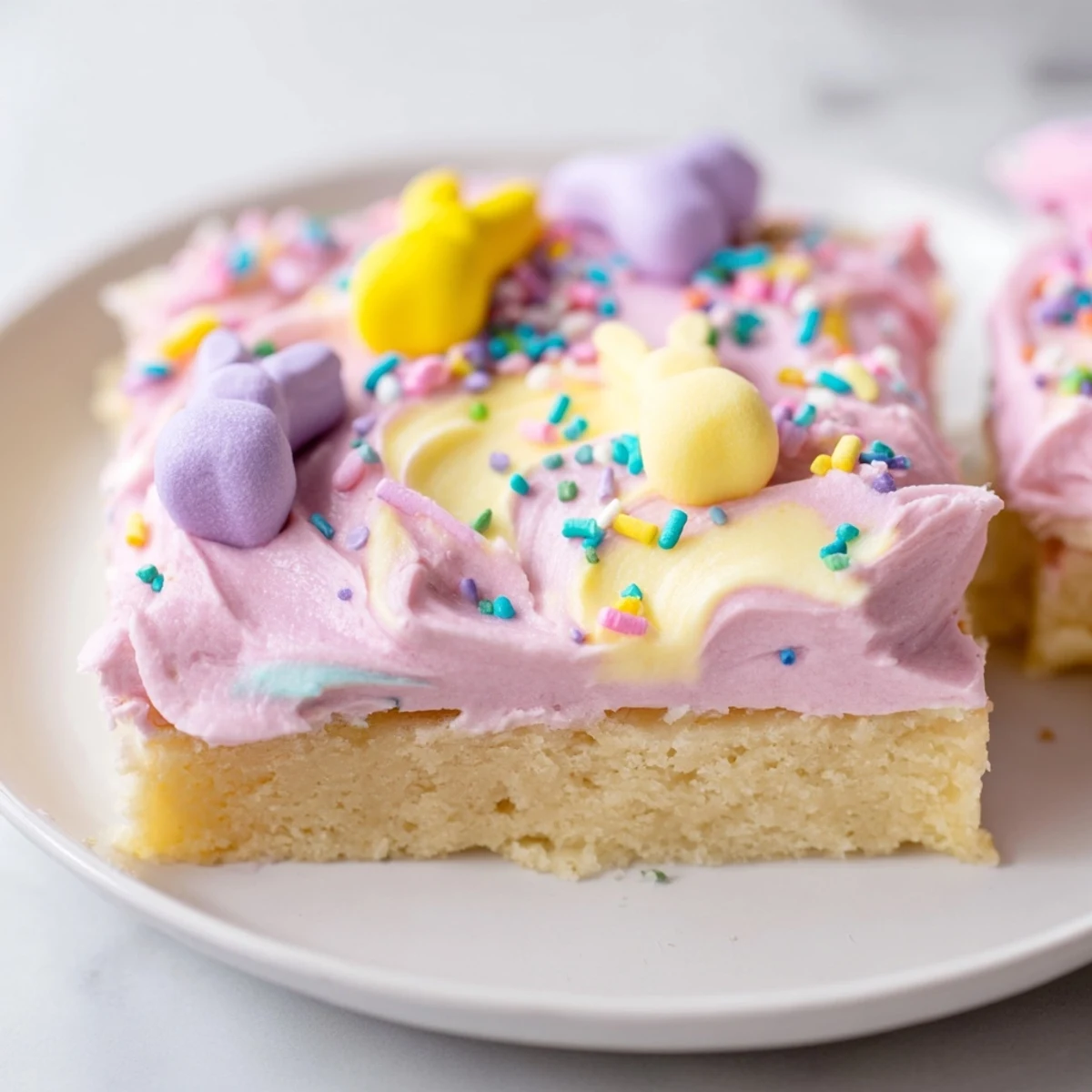 Easter sugar cookie bars with swirled pastel frosting and colorful sprinkles on a rustic wooden cutting board