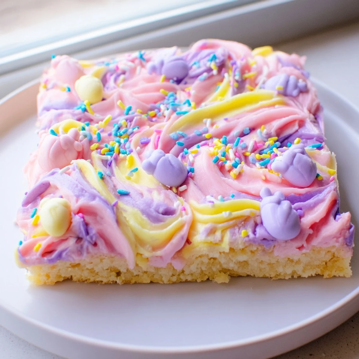 Soft Easter sugar cookie bars topped with smooth pink buttercream and festive rainbow sprinkles in bright daylight