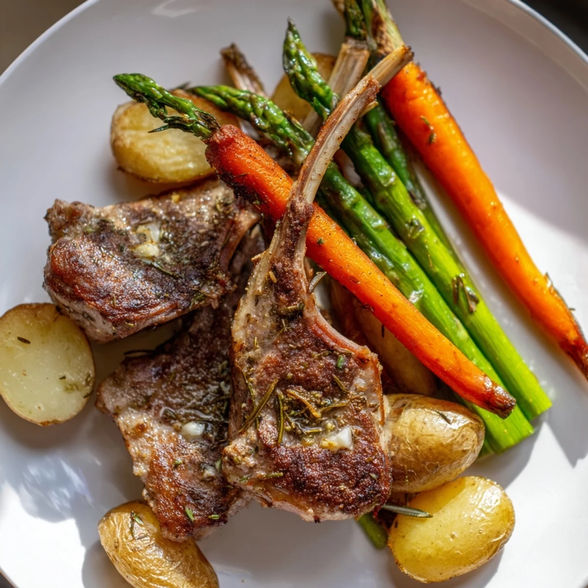 Golden herb-crusted Easter dinner on a sheet pan with roasted lamb and colorful vegetables
