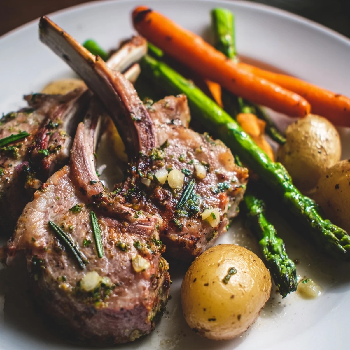 Tender lamb chops surrounded by seasonal vegetables on an Easter dinner sheet pan