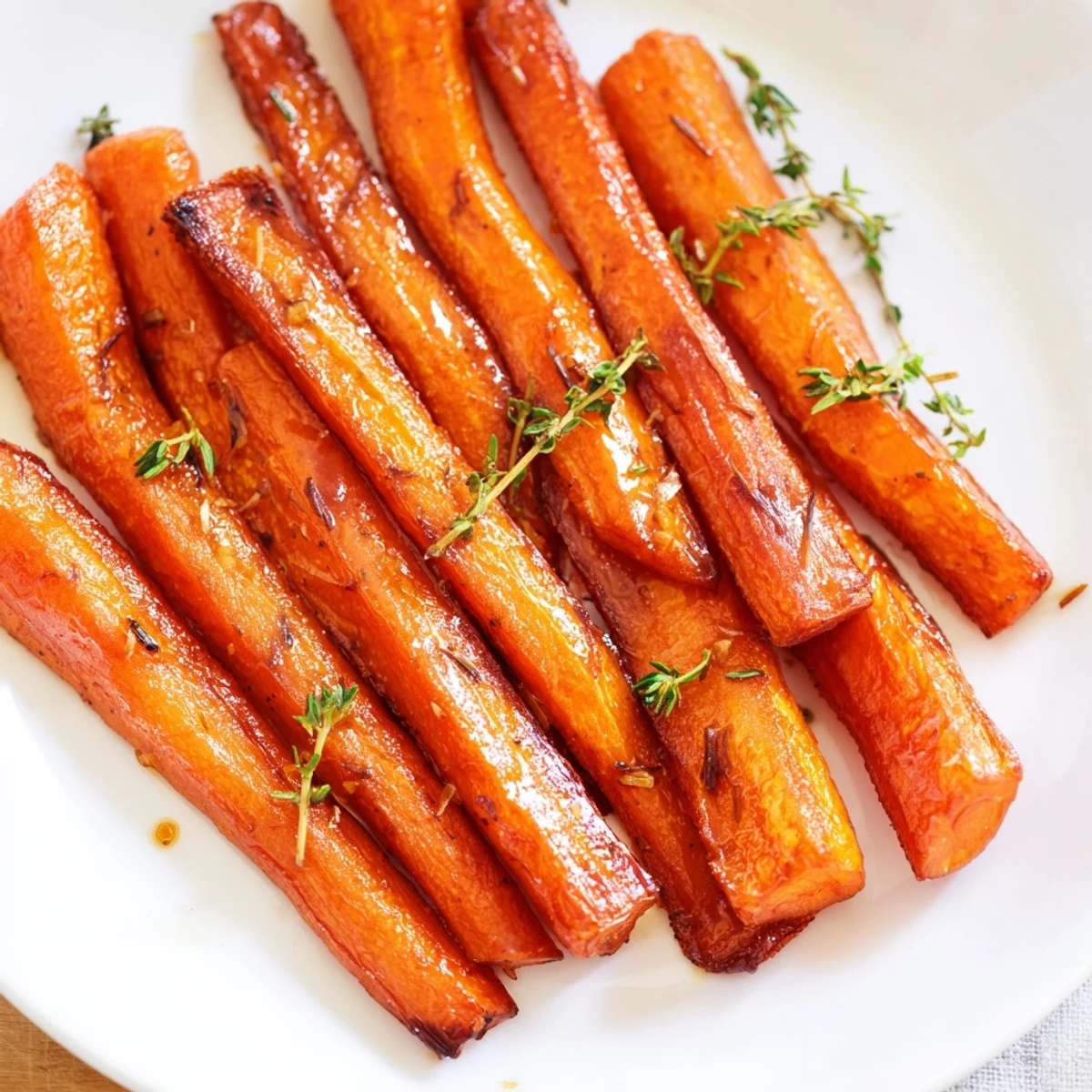 Glossy honey roasted carrots with caramelized edges on a white serving platter