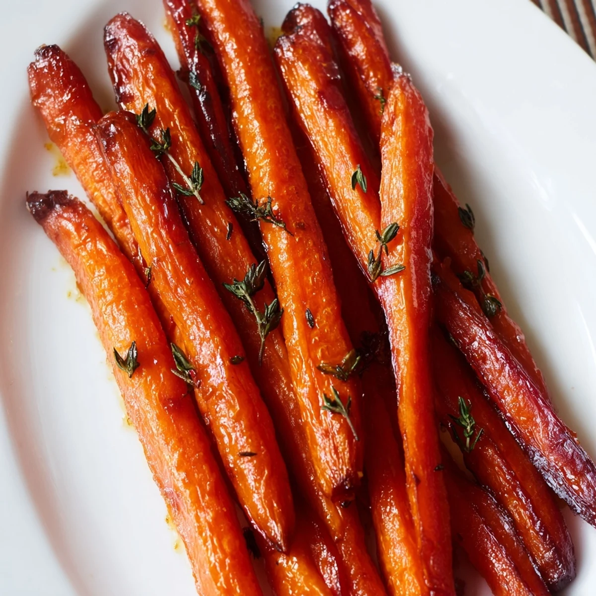 Tender honey roasted carrots glistening with golden glaze and fresh herbs