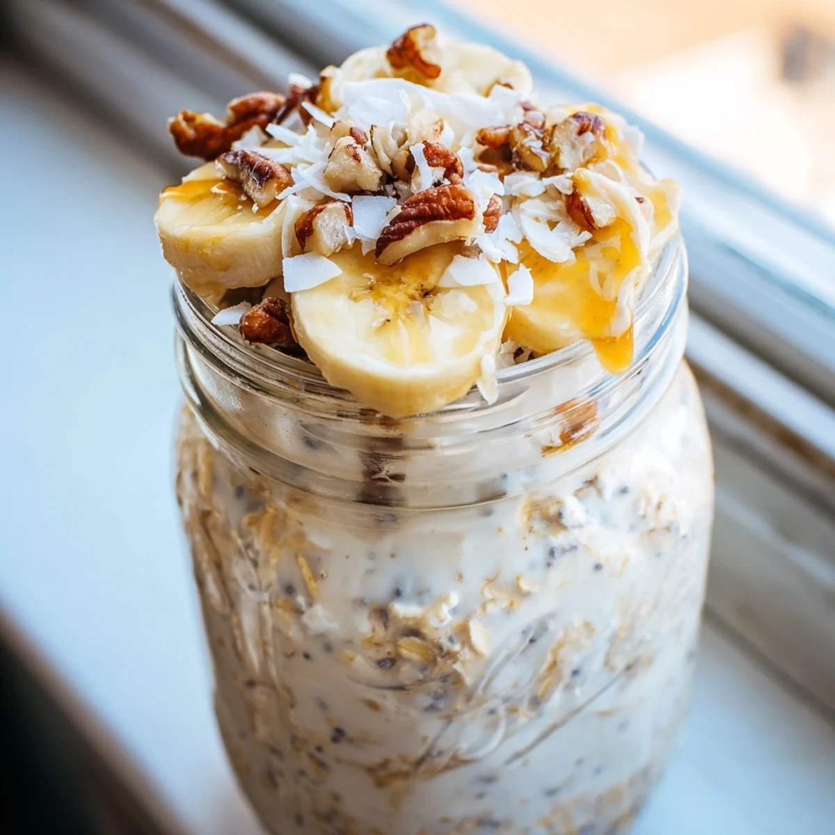 Creamy coconut cream pie overnight oats topped with toasted coconut and banana slices
