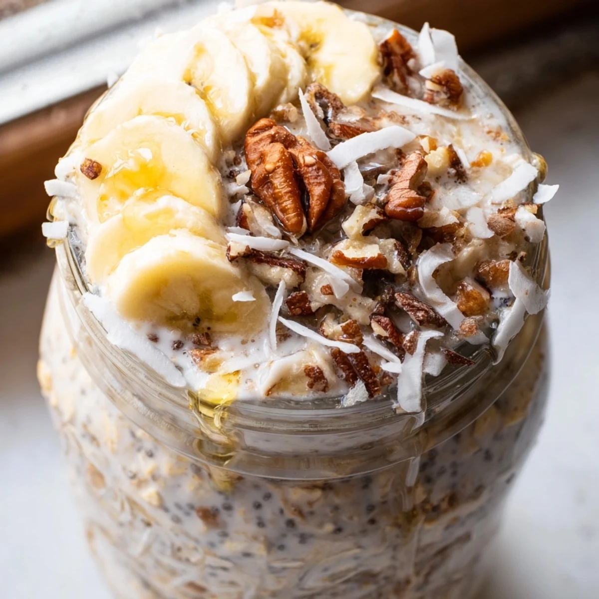 Lush coconut cream pie overnight oats swirled with shredded coconut and finished with toasted almonds
