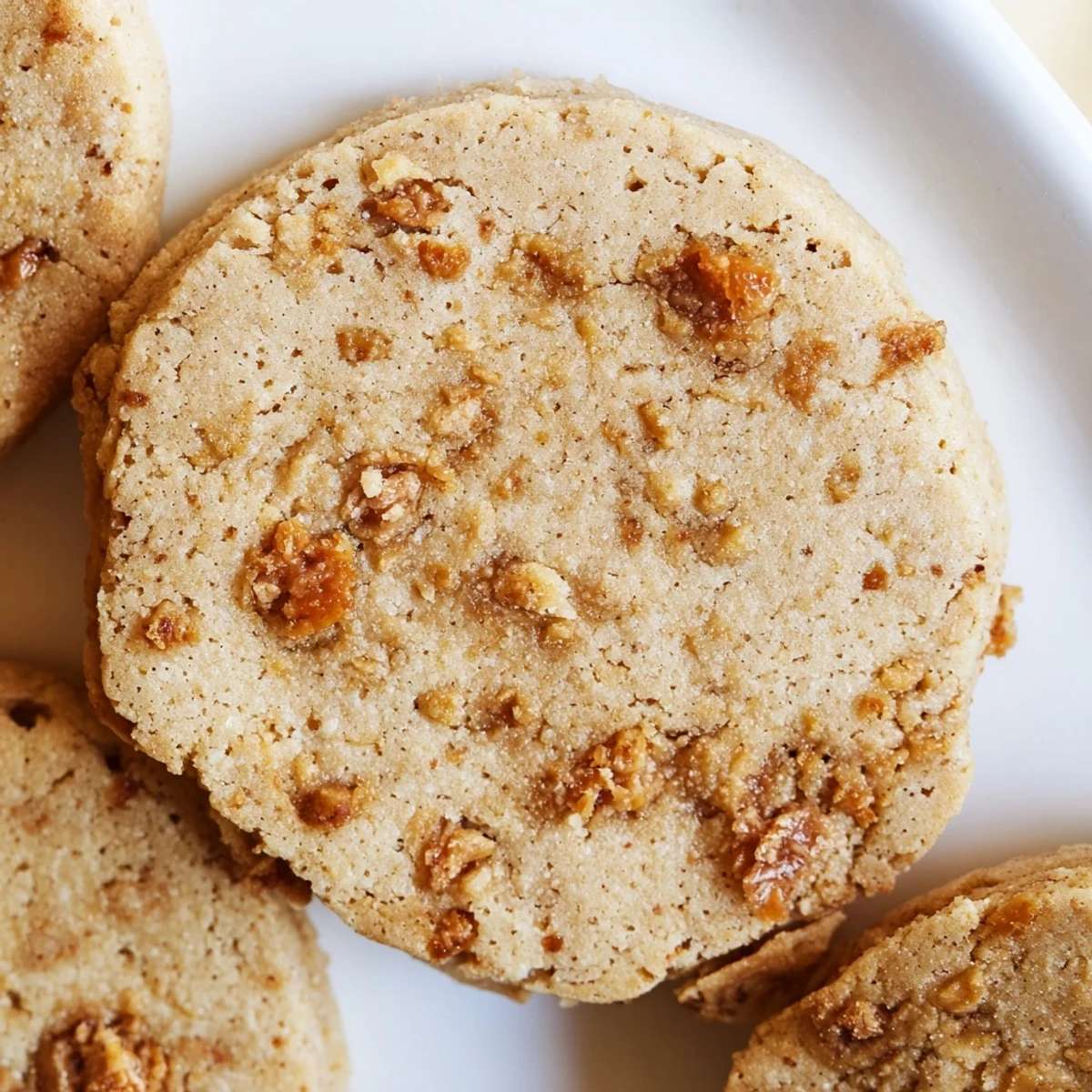Espresso shortbread cookies with golden edges and melty toffee bits stacked on a rustic plate