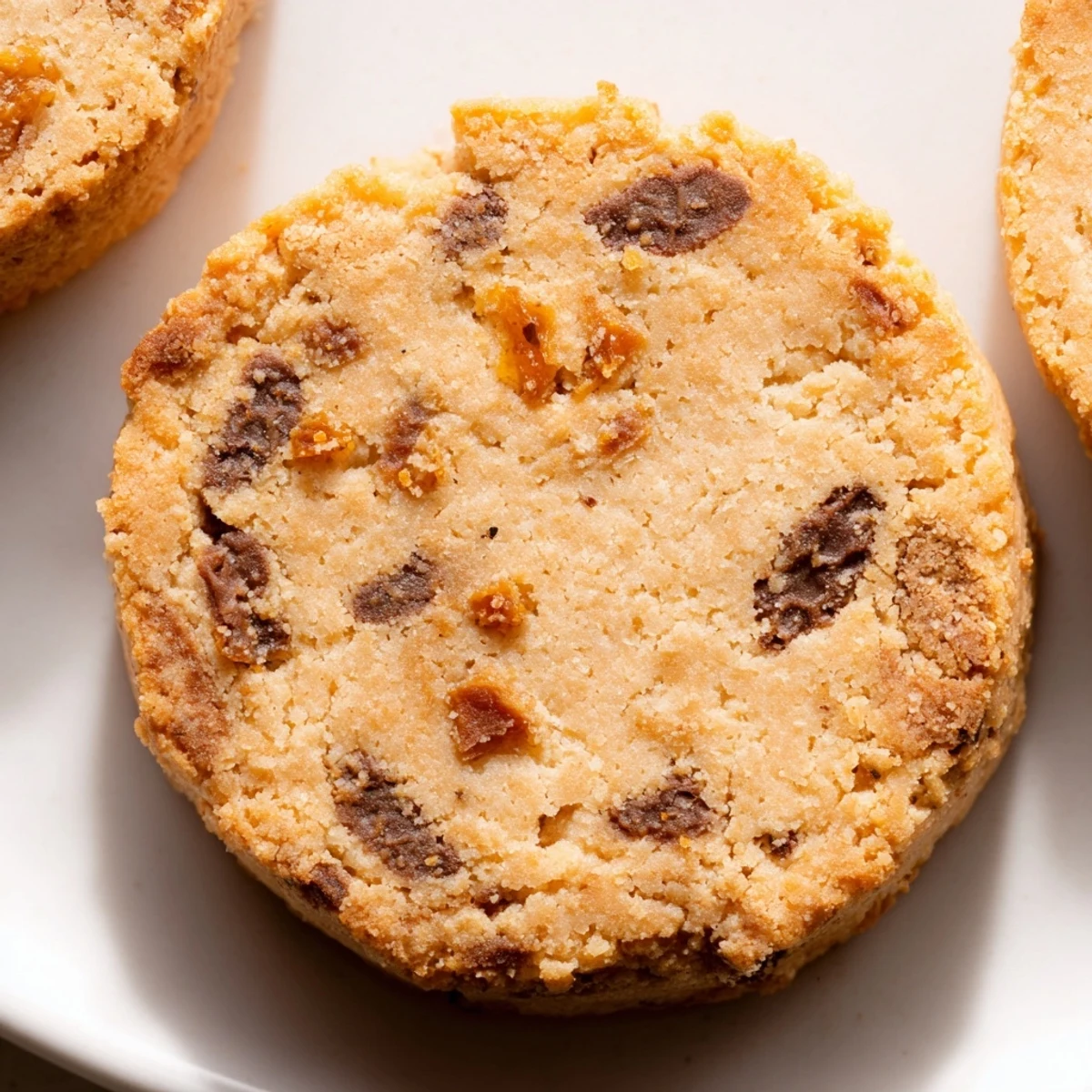 Crisp espresso shortbread cookies studded with sweet toffee chunks arranged alongside a steaming coffee mug