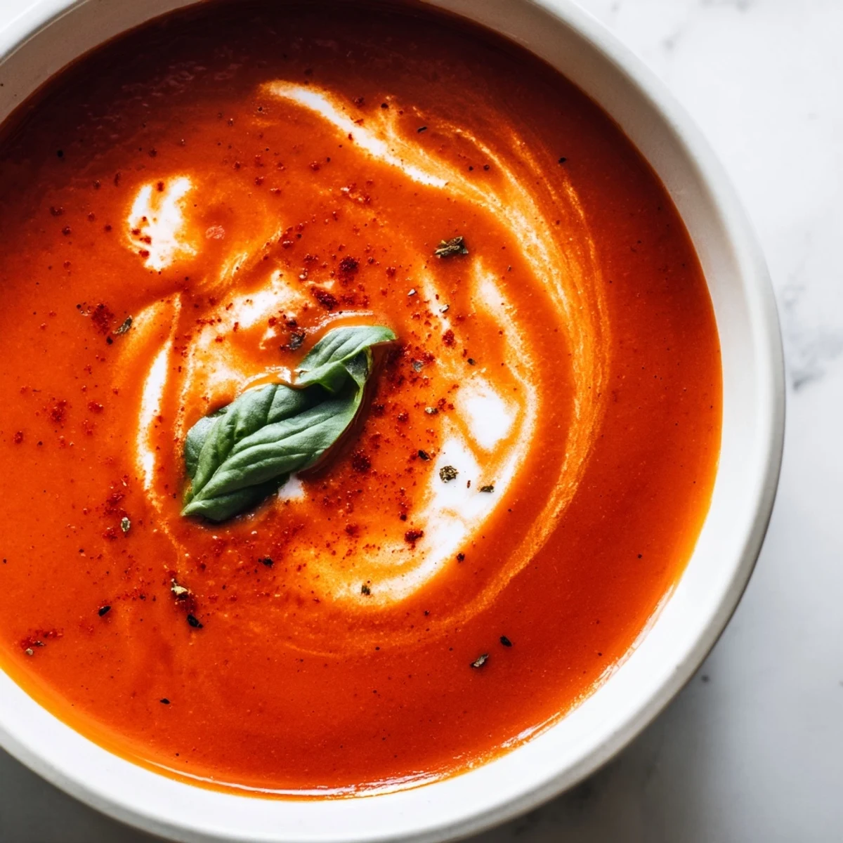 Creamy fire roasted tomato soup ladled into a bowl with fresh basil garnish