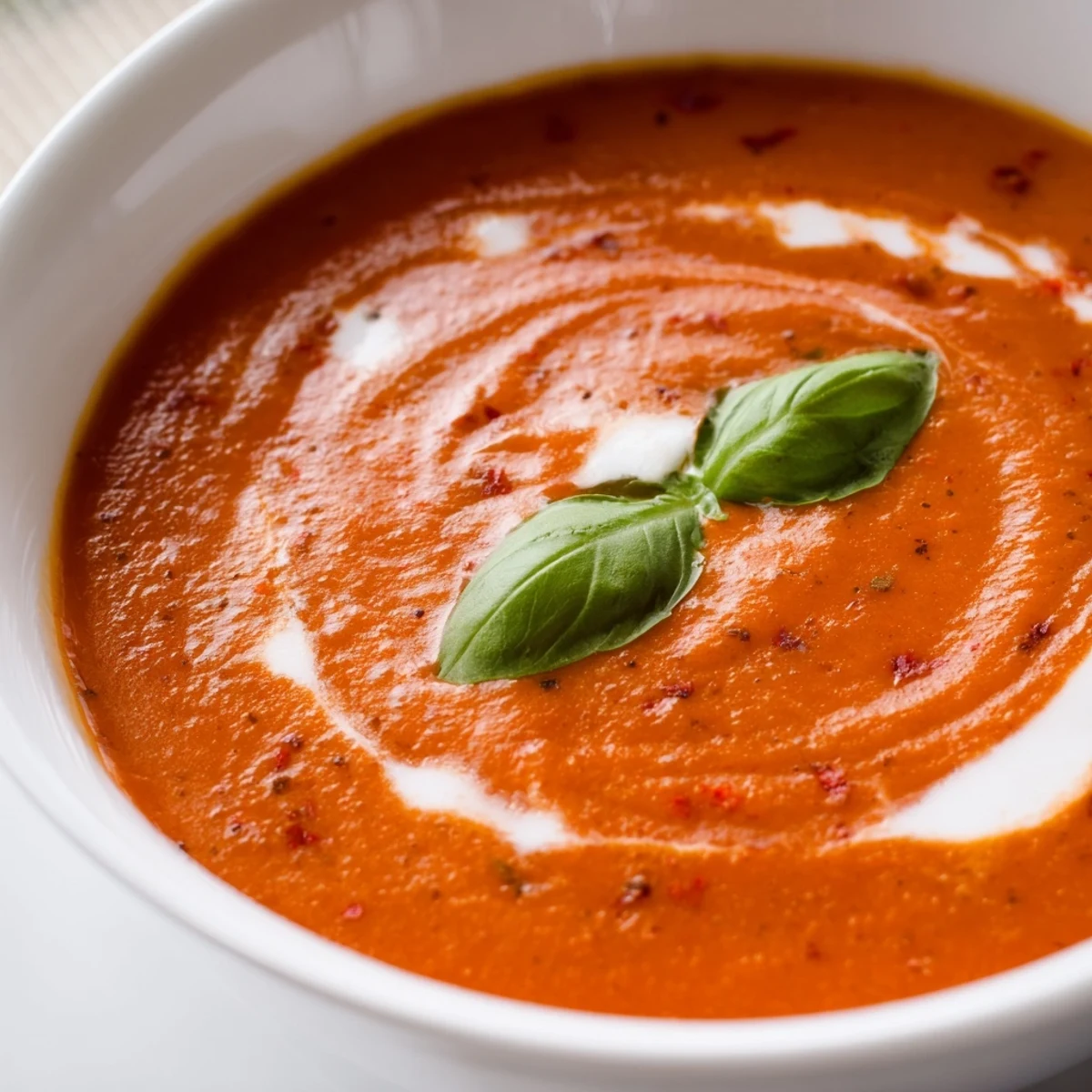 Velvety fire roasted tomato soup topped with herbs and crusty bread