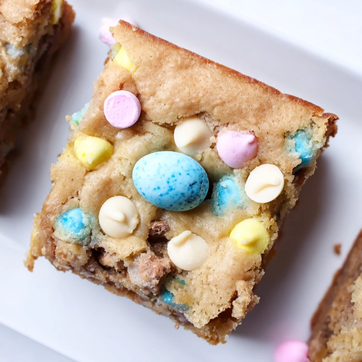 Golden chewy Mini Cadbury Easter Egg Blondies topped with pastel candy eggs on a rustic cutting board
