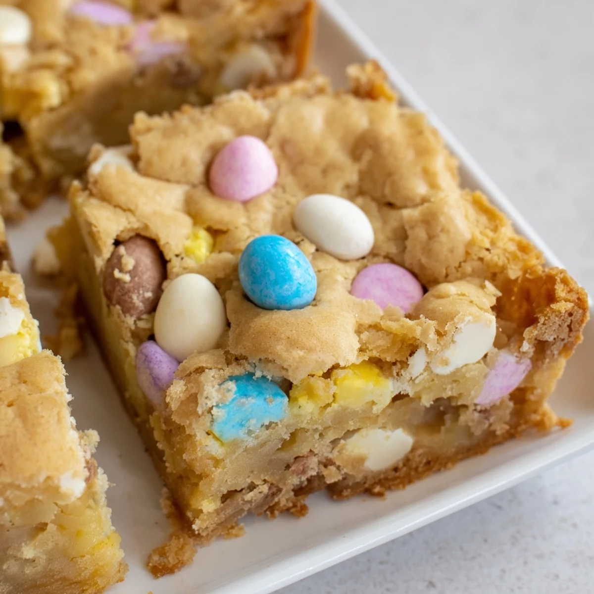 Gooey buttery Mini Cadbury Easter Egg Blondies studded with chocolate chips and scattered with colorful candy