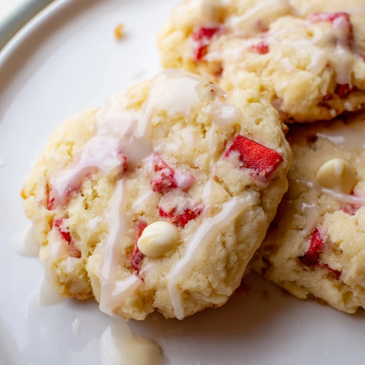 Chewy strawberry lemonade cookies with pink flecks and golden edges on a rustic baking sheet.
