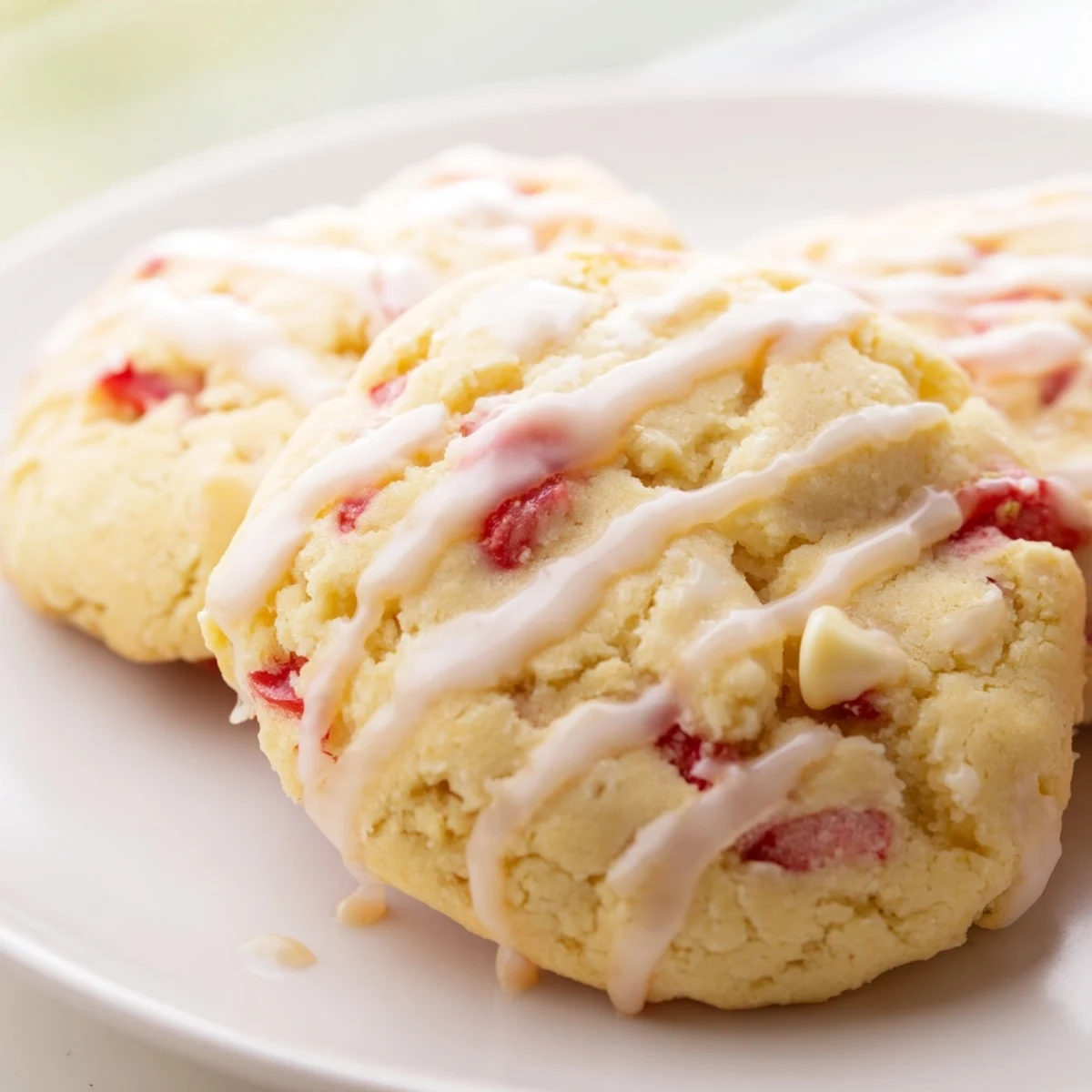 Fresh strawberry lemonade cookies drizzled with tangy glaze and studded with white chocolate chips.