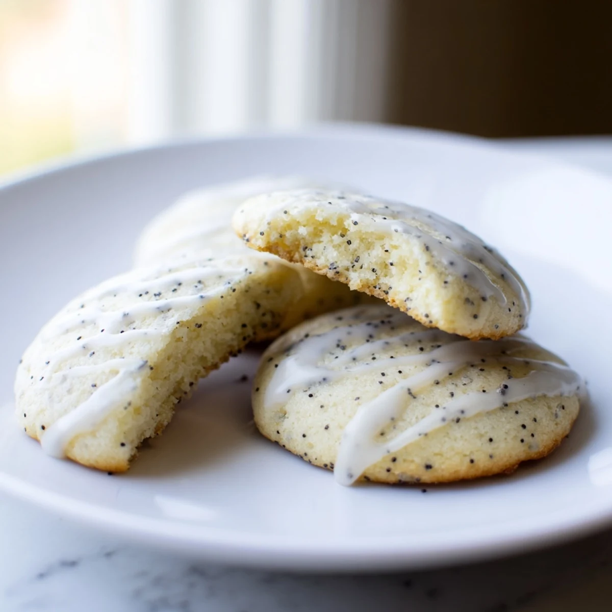 Speckled lemon poppy seed cookies arranged on a rustic white serving plate