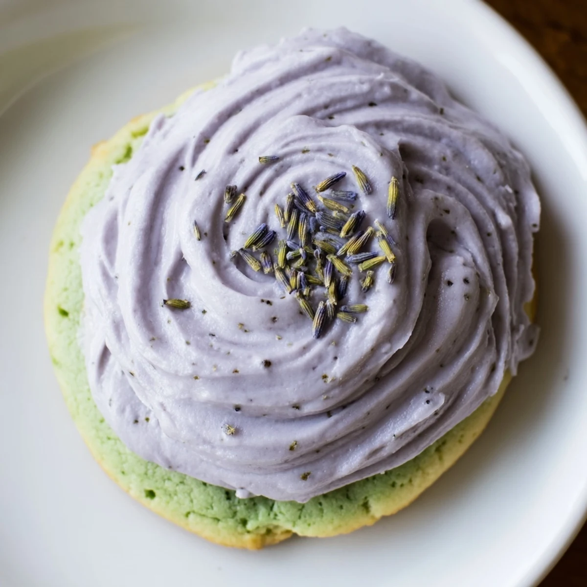 Elegant matcha sugar cookies with lavender frosting arranged beside a steaming cup of tea