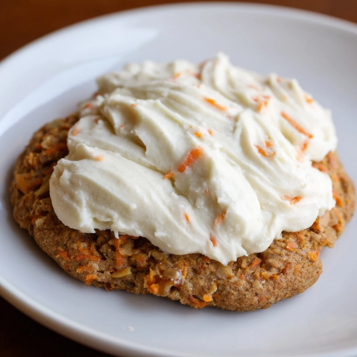 Soft Crumbl carrot cake cookies with swirled cream cheese frosting on a rustic wooden board