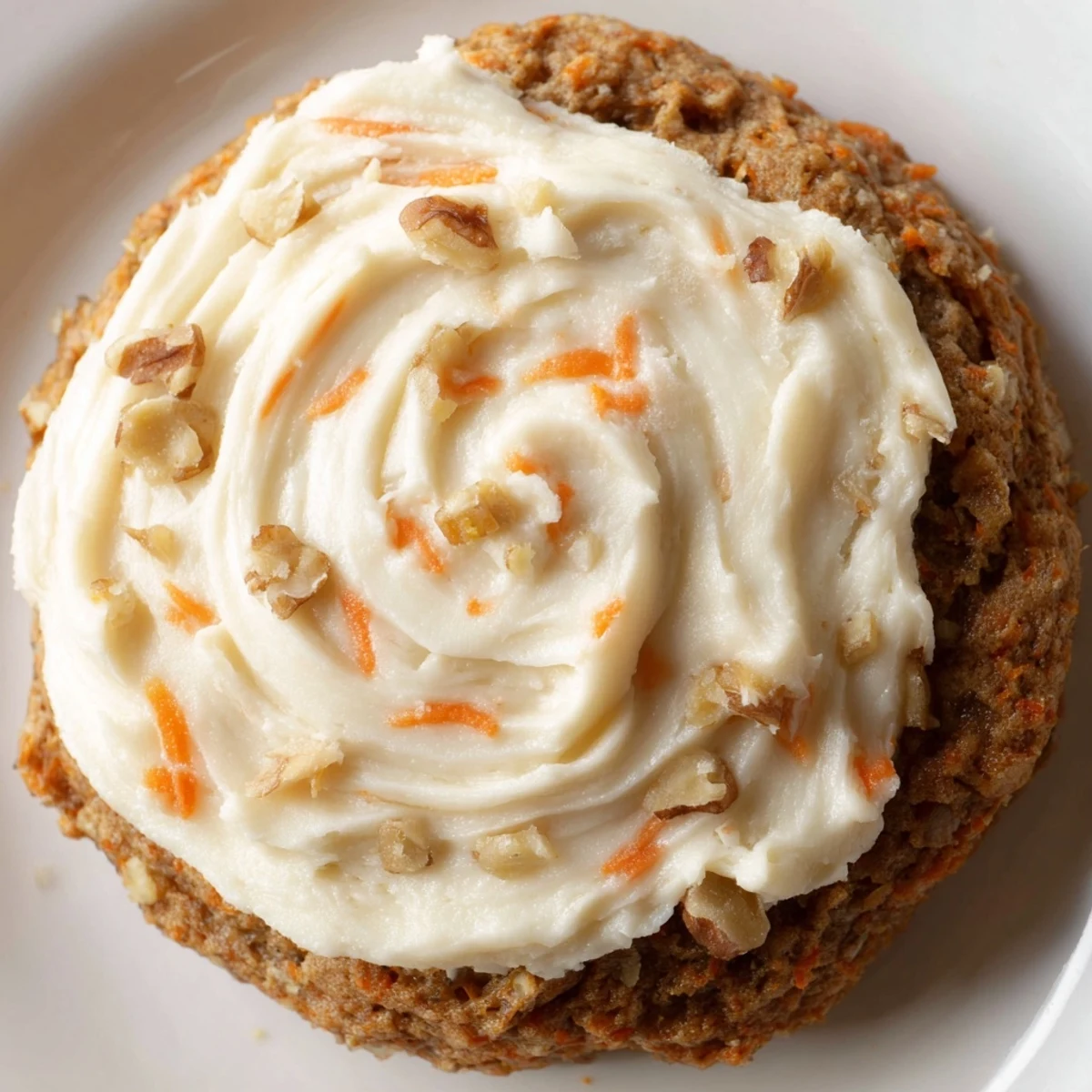 Thick spiced carrot cake cookies topped with fluffy white cream cheese frosting garnished with walnuts