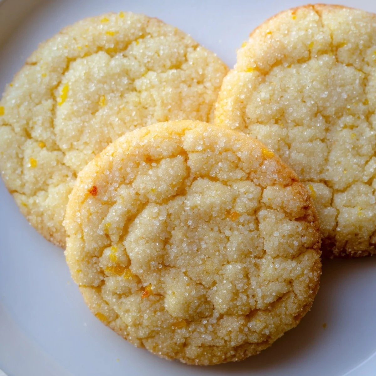 Chewy lemon sugar cookies arranged on a rustic white serving platter