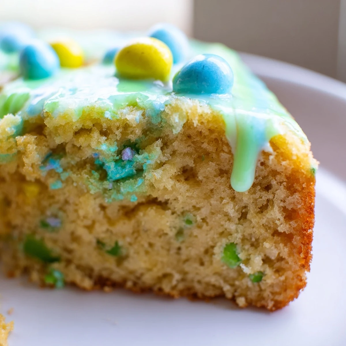 Robin Egg Snack Cake with pastel glazed topping and speckled candy eggs on vanilla crumbs