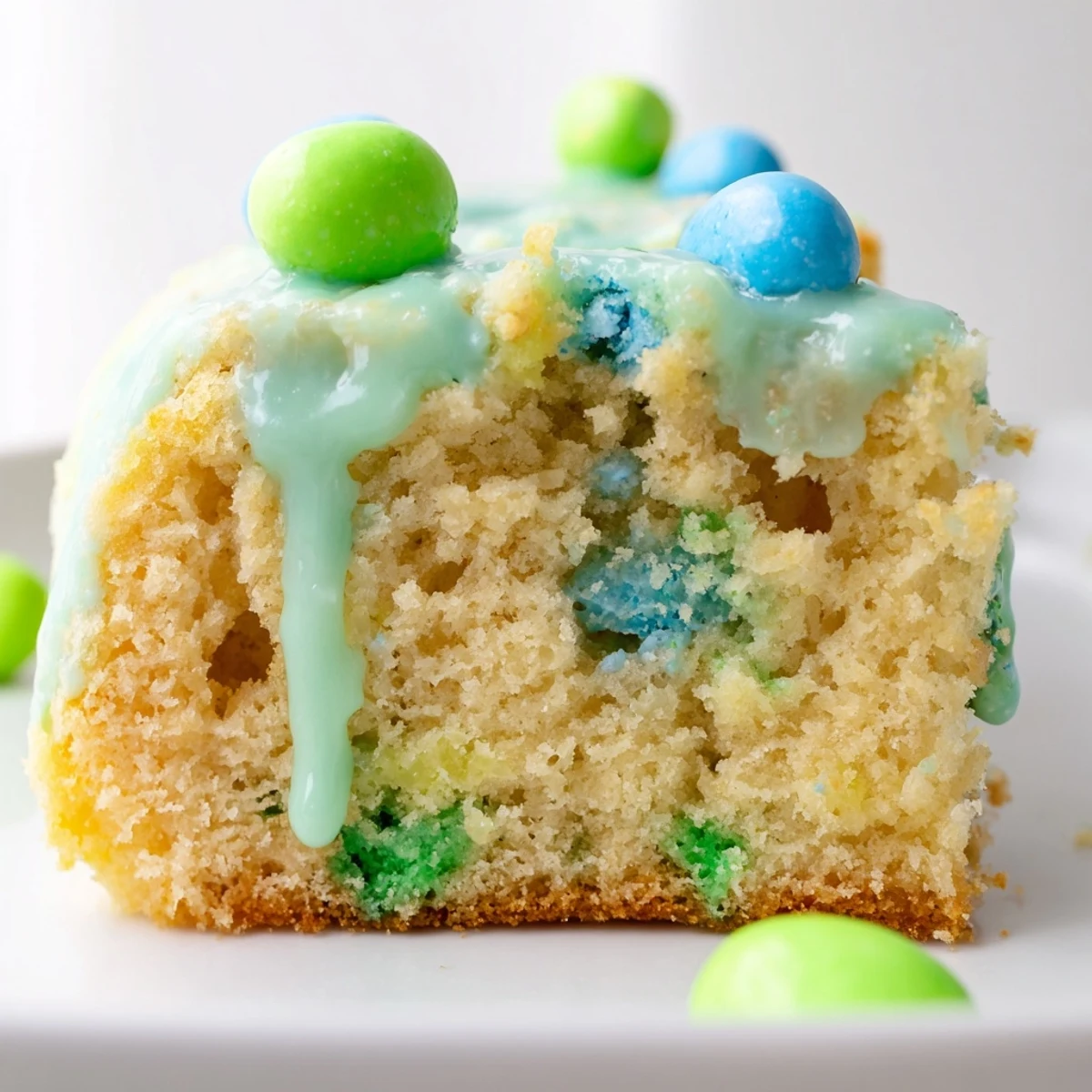 Speckled candy-coated robin eggs nestled in tender vanilla cake with swirled pastel icing