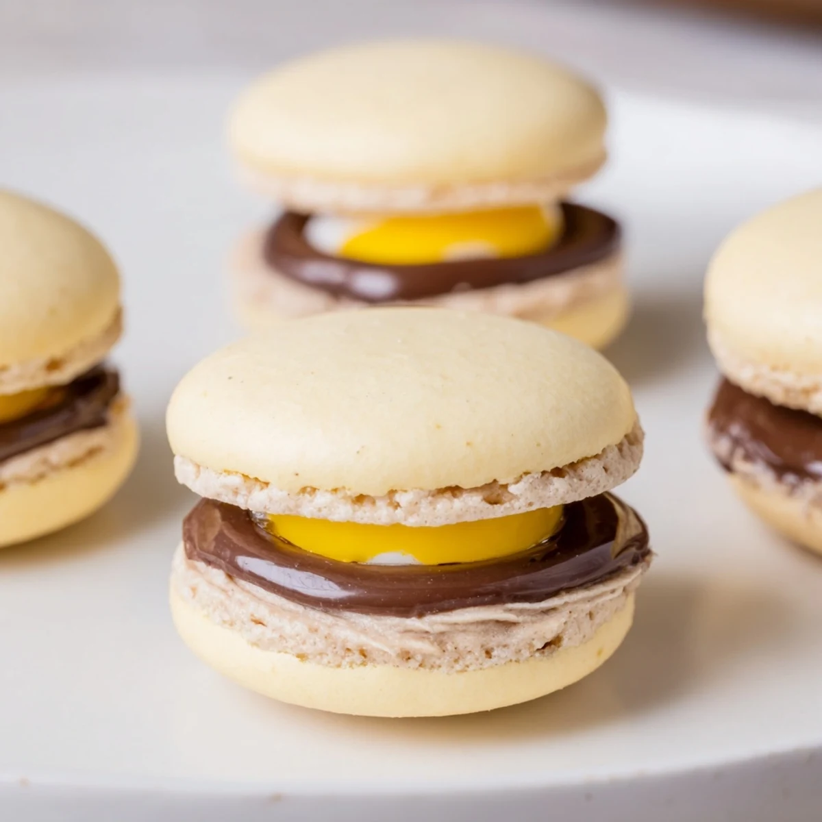 Colorful Cadbury Egg Macarons arranged on a white plate with pastel sprinkles