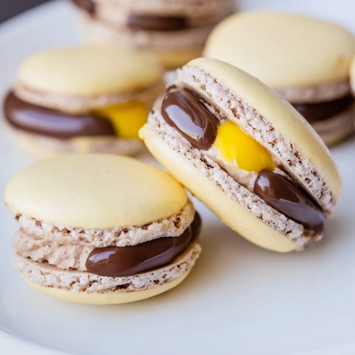 Cadbury Egg Macarons with glossy chocolate shells sandwiching creamy yellow yolk filling