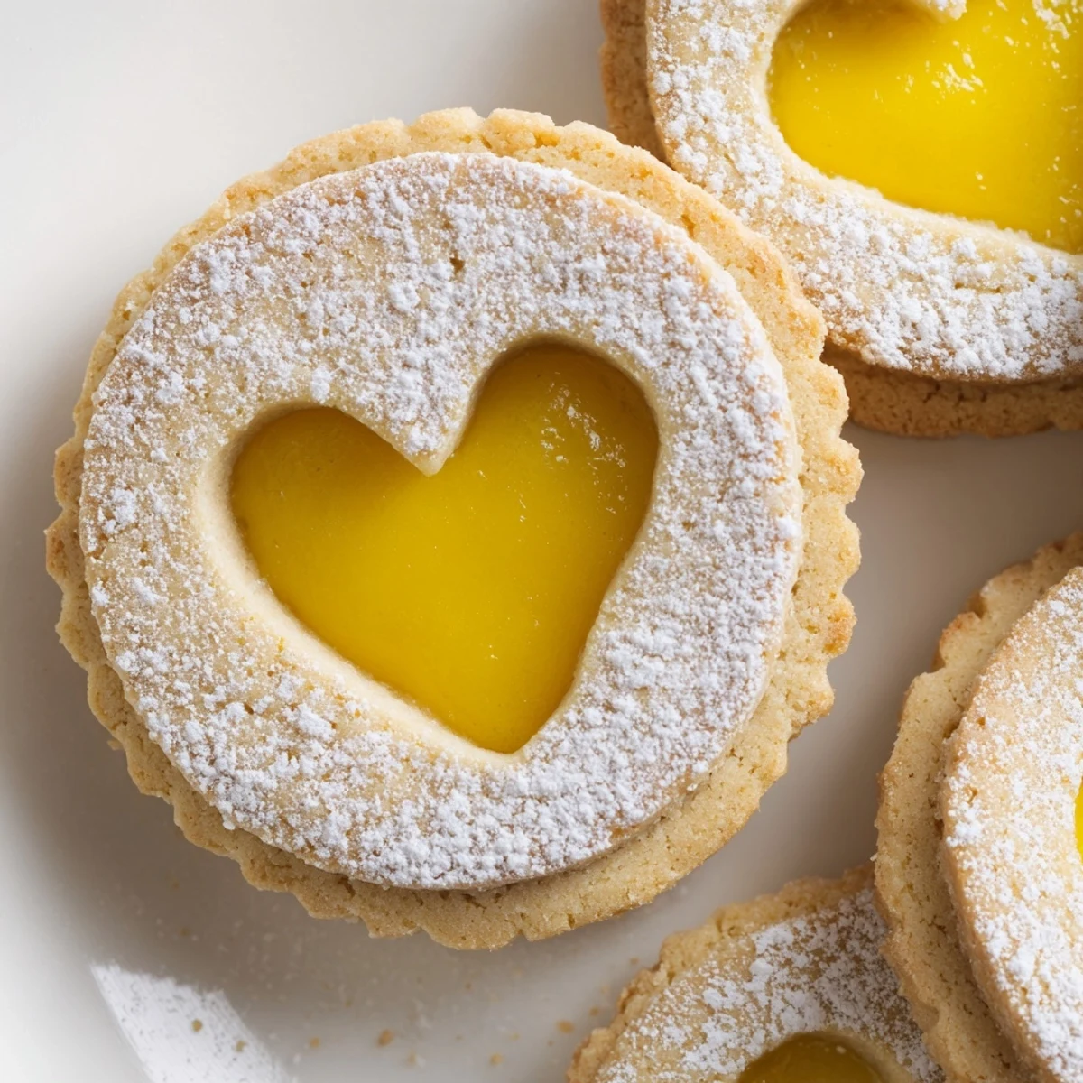 Meyer Lemon Curd Linzer Cookies with delicate cutout windows dusted in snowy powdered sugar