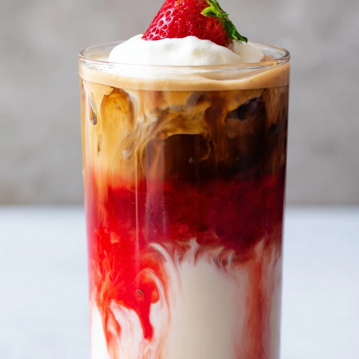 Creamy strawberry cold latte in a tall glass with swirled pink layers and ice