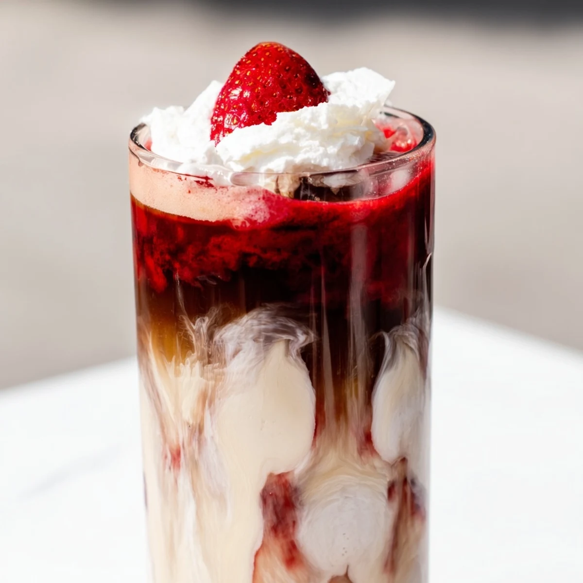 Homemade strawberry cream cold latte topped with fluffy whipped cream and fresh berry garnish