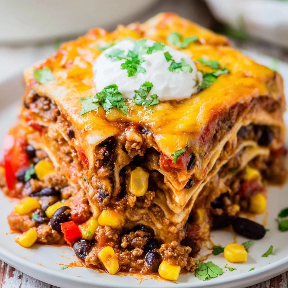 Golden bubbling Mexican lasagna with melted cheese and seasoned beef layers steaming hot