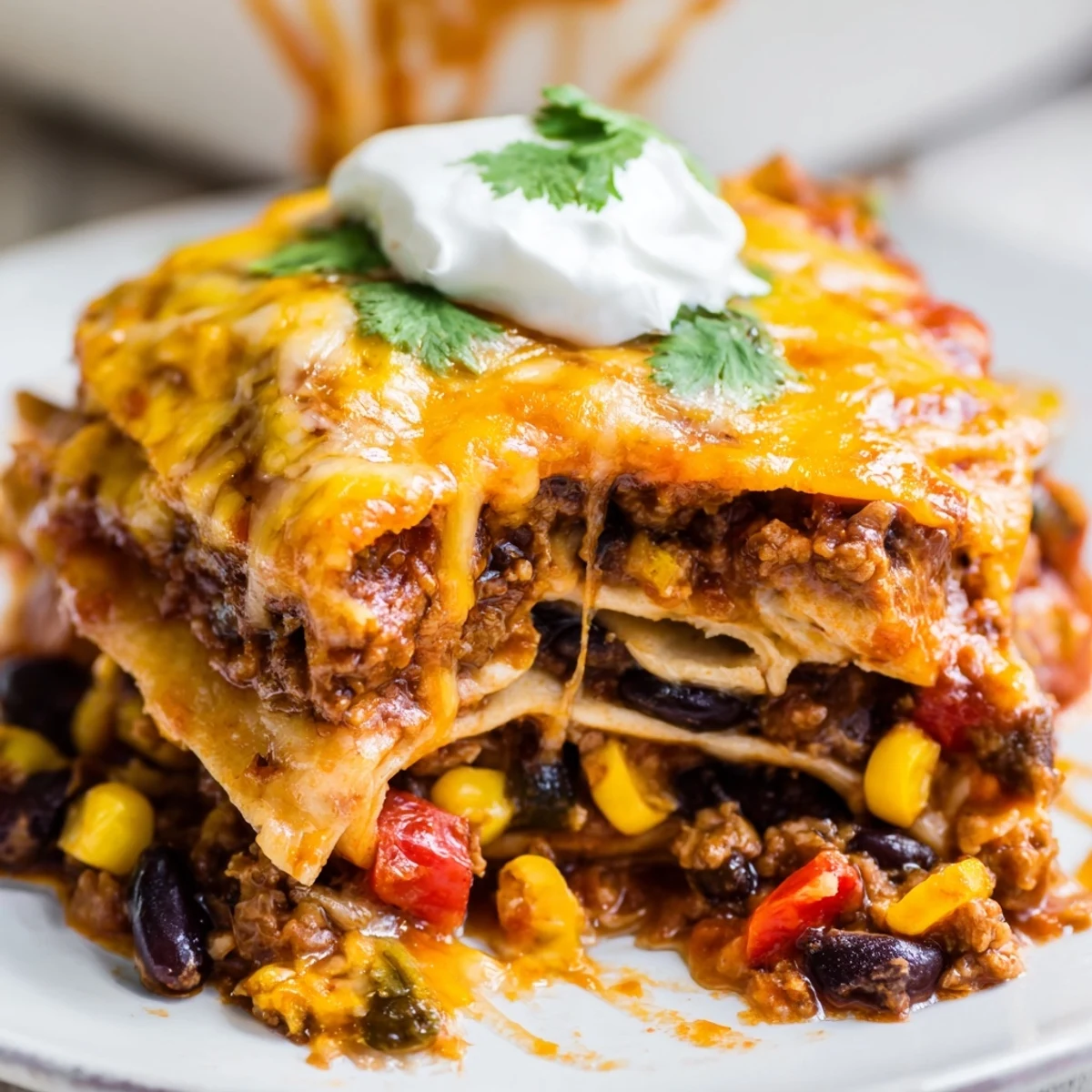 Mexican lasagna layered with tortillas spicy beef beans and gooey melted cheese