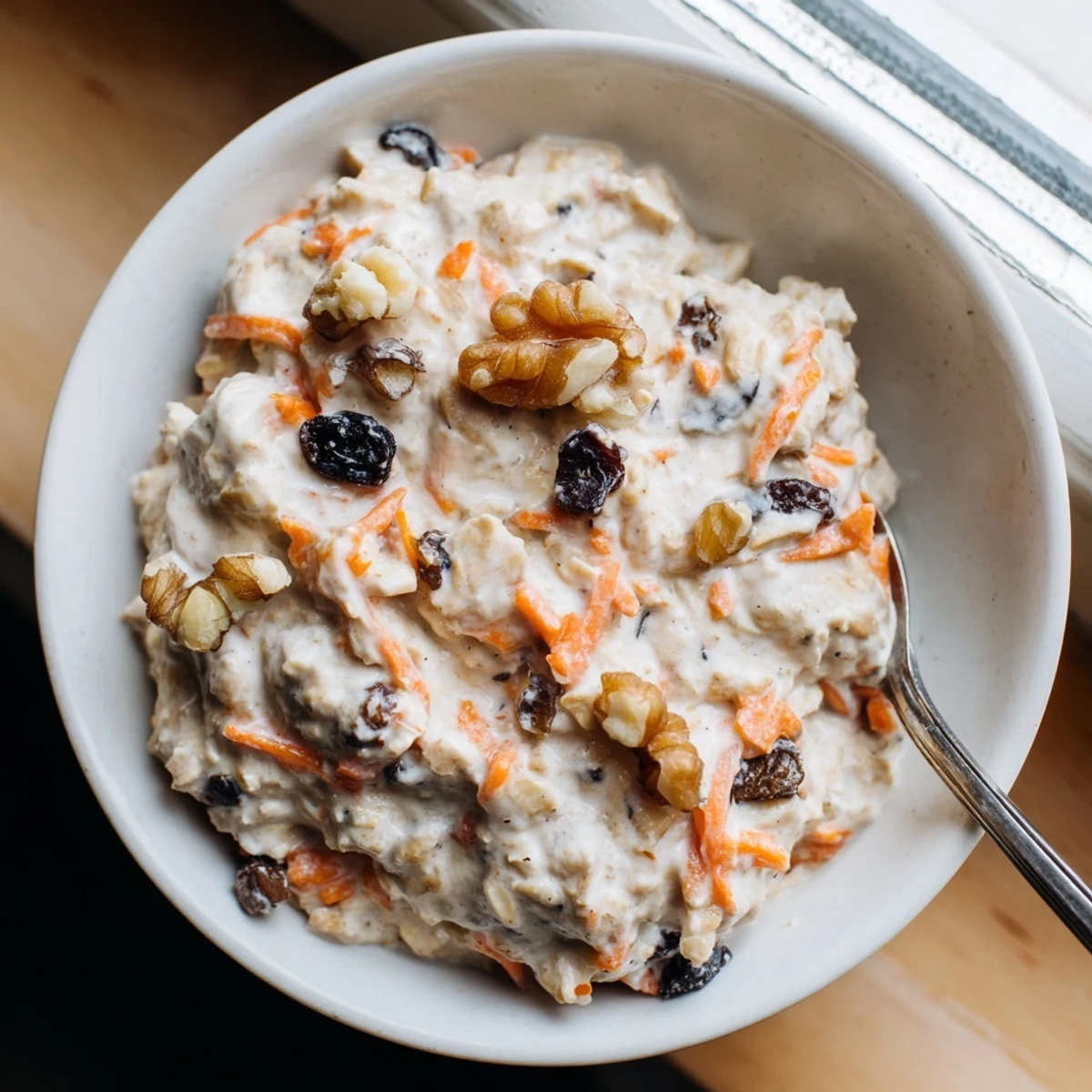 Carrot Cake Overnight Oats in a glass jar topped with crunchy walnuts and a cinnamon sprinkle