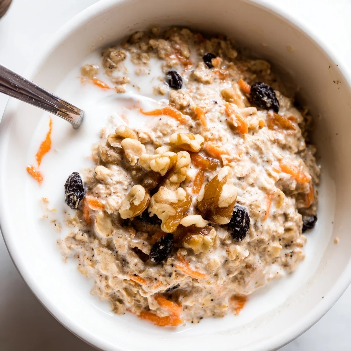 Creamy Carrot Cake Overnight Oats swirled with grated carrots, raisins, and warm spices