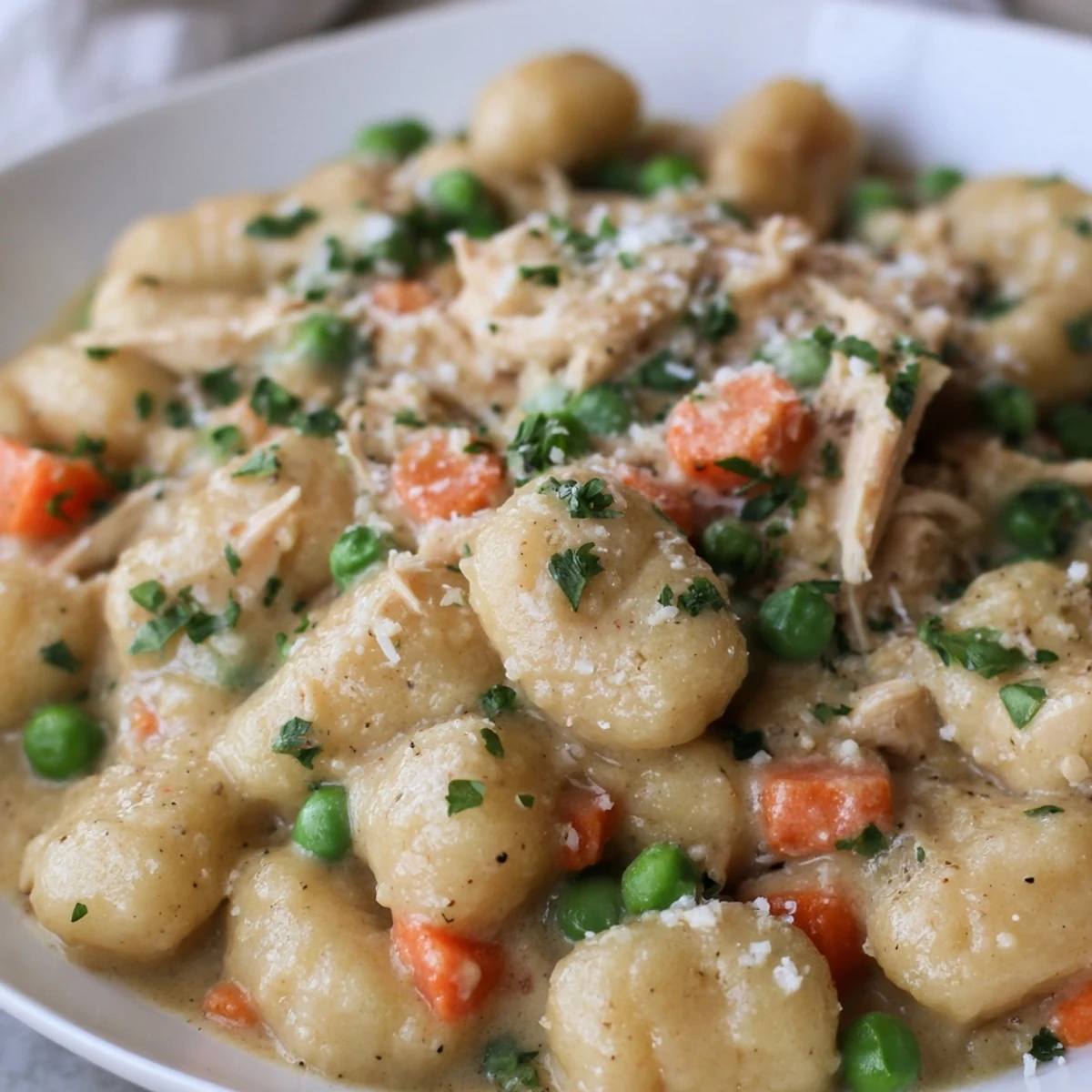 One Pot Gnocchi Chicken Pot Pie served in a creamy sauce with tender vegetables and golden gnocchi