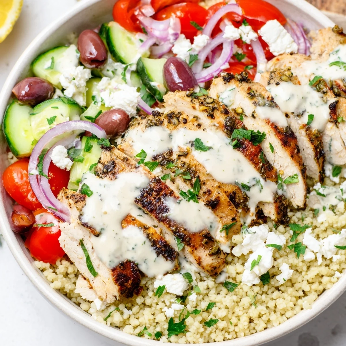 Mediterranean chicken couscous bowl with sliced spiced chicken, fresh vegetables, and creamy tahini drizzle