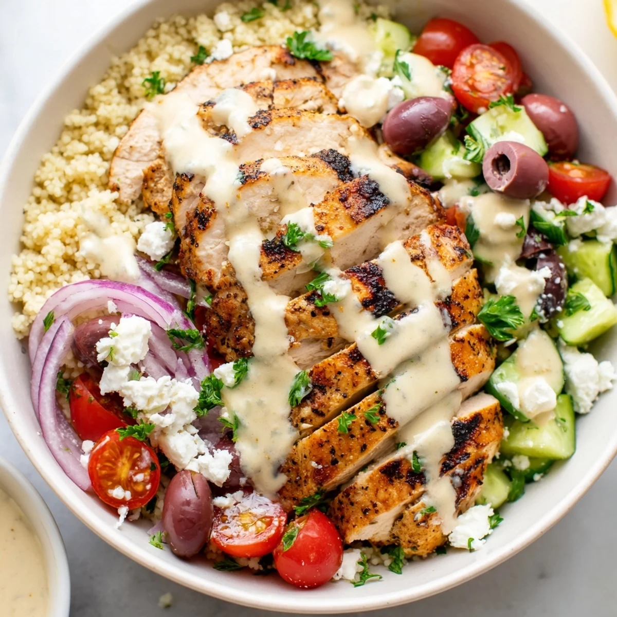 Fluffy couscous topped with grilled Mediterranean chicken, colorful crisp veggies, and zesty lemon sauce