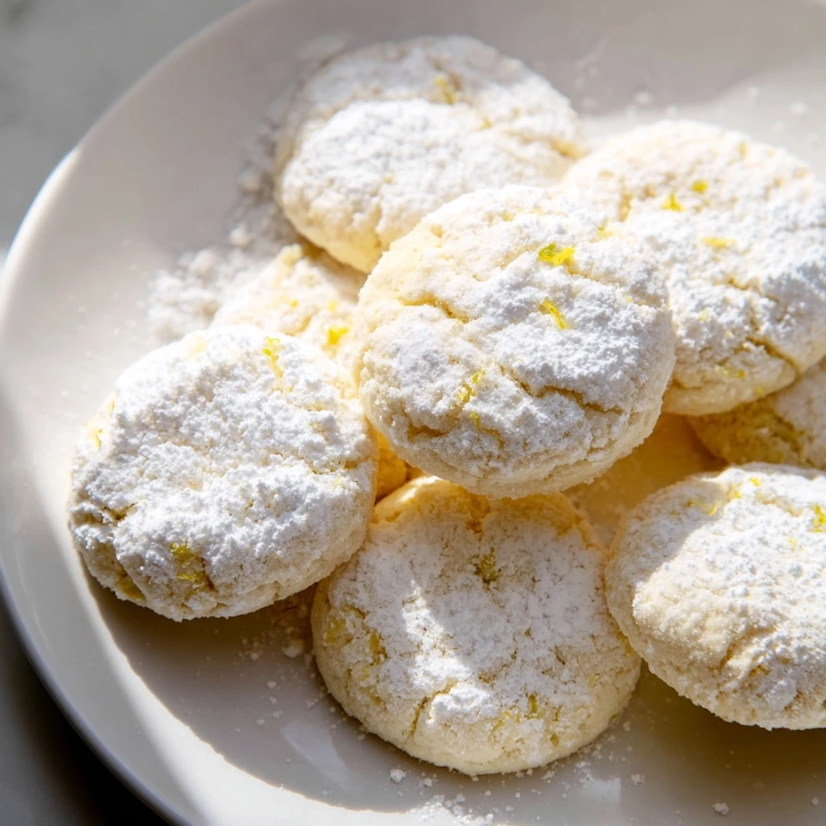 Powdered sugar dusted lemon meltaways on a rustic white serving plate