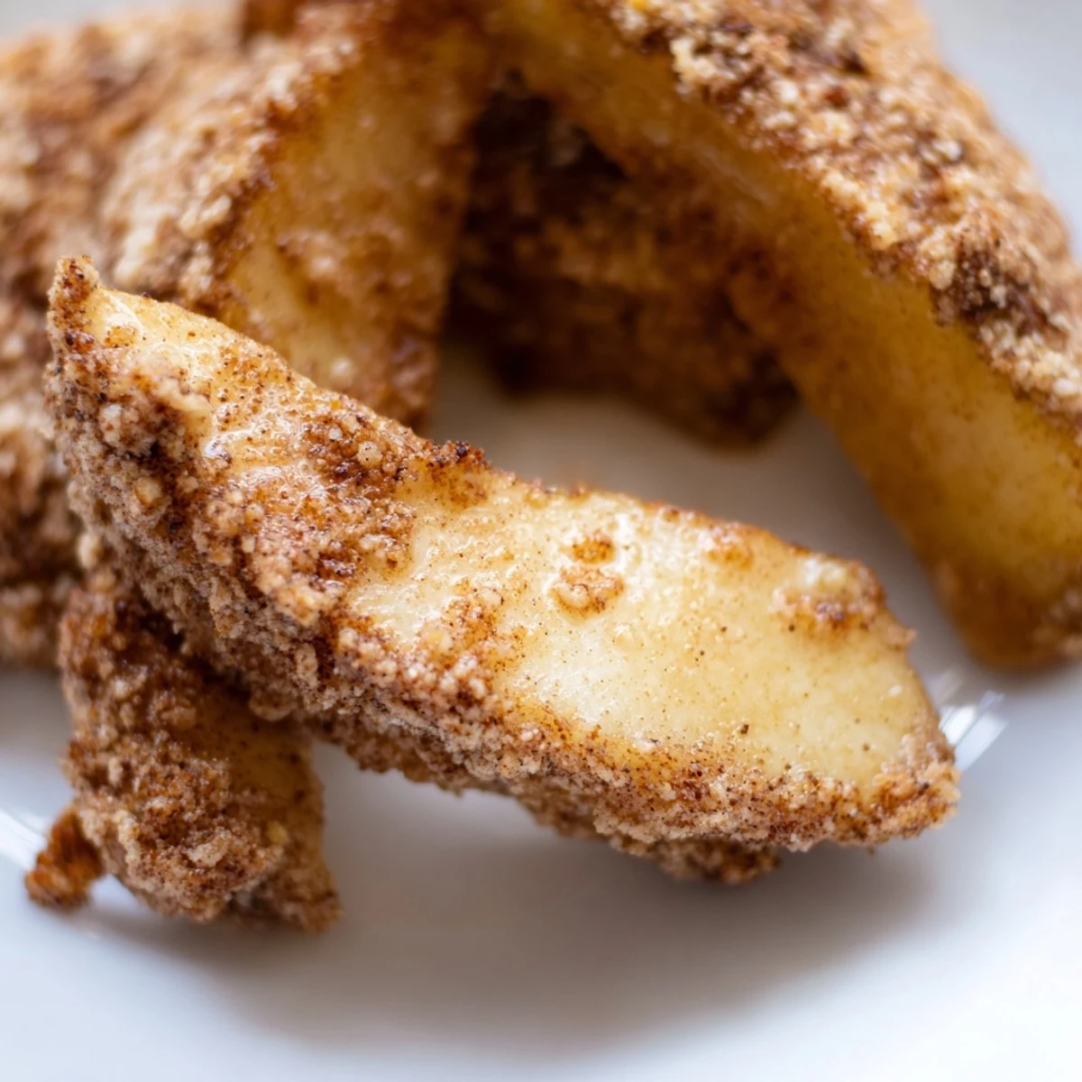 Golden crispy air fryer apple slices coated in warm cinnamon sugar, served steaming on a rustic white plate.