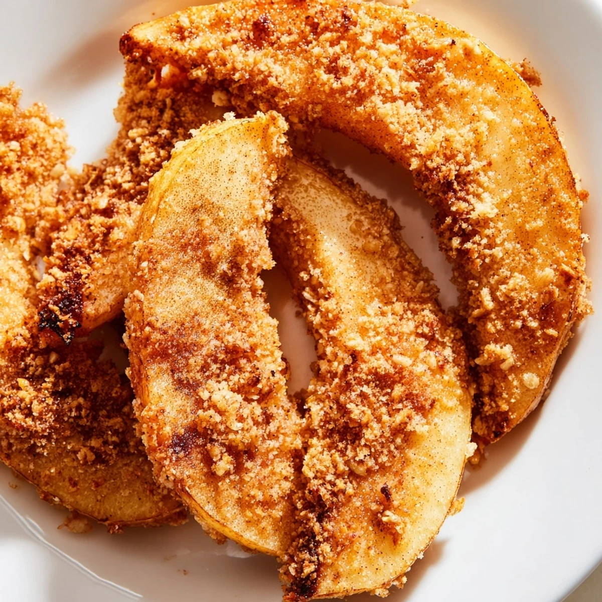 Tender caramelized air fryer apples with crunchy oat topping, nestled beside a generous scoop of vanilla bean ice cream.