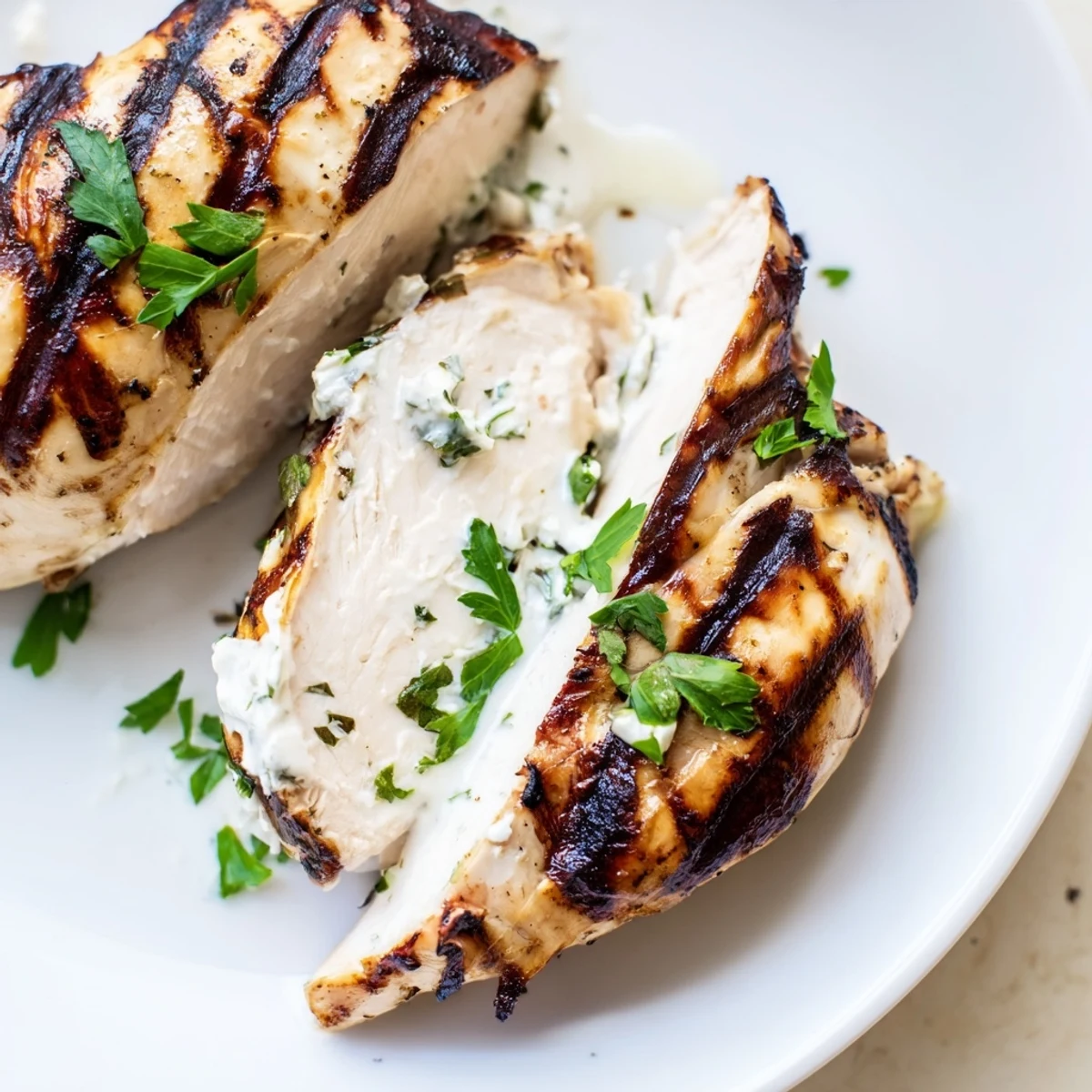 Golden Greek Yogurt Marinated Chicken with grill marks on a white plate