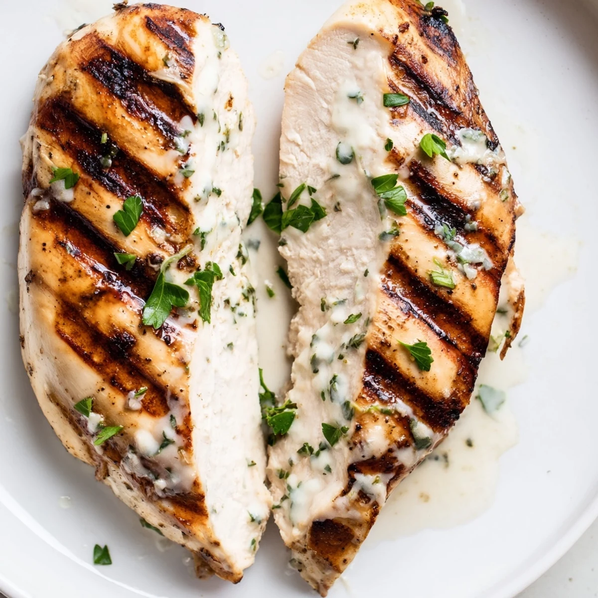 Juicy sliced Greek Yogurt Marinated Chicken garnished with fresh parsley and lemon